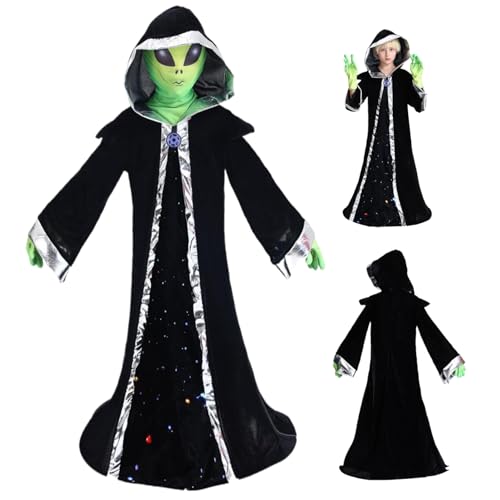 Jorzer Alien-Kostüm für Kinder 7-9, Halloween Alien Outfit umfasst Kapuzenrobe, Handschuhe ＆ Maske, Halloween-Kostüme für das Spielen, Cosplay, Karneval ＆ Dekorationen m von Jorzer