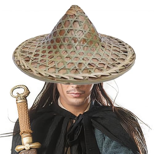 Jorzer Bambushut 14 Zoll breiter Krempe Traditionelle chinesische Kappe natürlicher rustikaler asiatischer Hut für Bauer, Fisherman Cosplay Cap für Samurai, Swordman, Bühnenparty von Jorzer