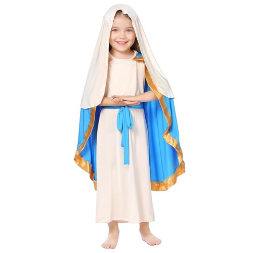 Jorzer Biblische Kostüme für Mädchen, Weihnachtskostüm der Jungfrau Maria inklusive Rock mit Umhang, weißem Kopftuch und Gürtel, Religiöse Heiligenkostüme für Cosplay, M von Jorzer