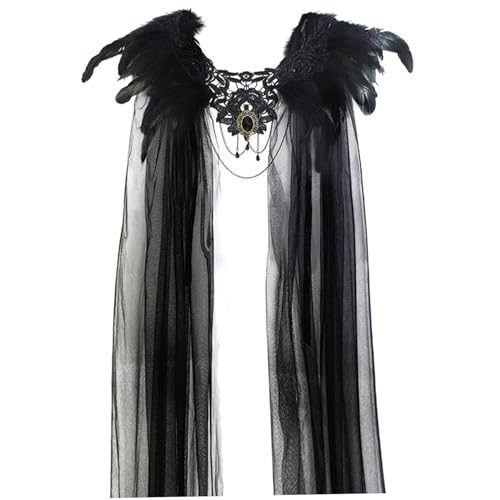 Jorzer Federn Schal, Halloween Tulle Cape mit schwarzen Federn Cosplay Super Bösewicht Gothic Cloak Cape für Party, Kostüm, Cosplay Halloween Black Pelzkragen 2025 Mesh. von Jorzer
