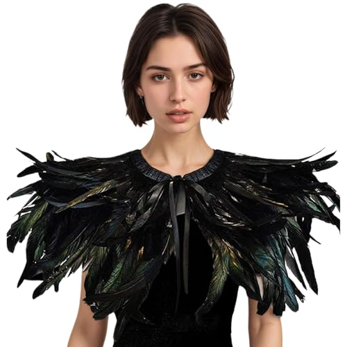 Jorzer Federschal, schwarz-grüner Federumhang mit Bindeband, realistischer Gothic-Kragen, Umhangschals für Party, Kostüm, Cosplay, Halloween von Jorzer