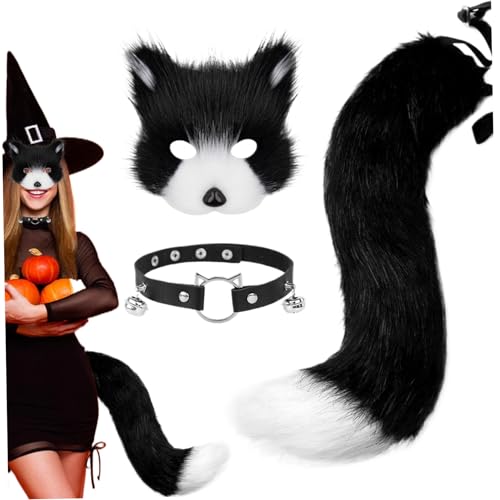 Jorzer Fox -Maske und Schwanzset, 3pcs/Set Pelry Fox -Kostüm enthält eine flauschige Maske, Pfotenhandschuhe ＆ Choker Colar Therian Stuff Halloween Kostüm für Kostüme von Kleidungsstücken Cosplay von Jorzer