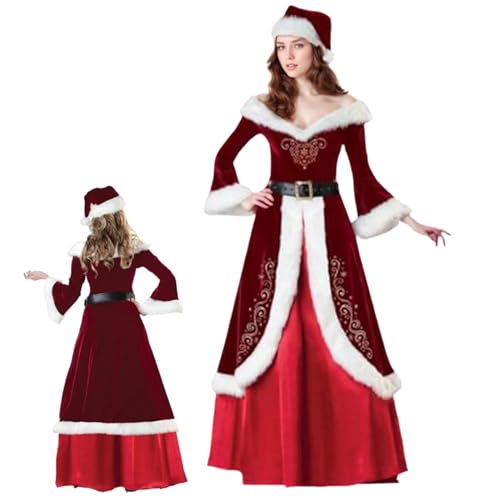 Jorzer Frau Claus Kostüm erwachsene Frauen, 3pcs/Set Frau Claus Kleid mit Hut, Gürtel, Rock, Santa Kostüm für Weihnachtsfeier, Cosplay, Geburtstag, Schulshow, xxl von Jorzer