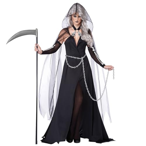 Jorzer Frauen Halloween Kostüme, 3PCs umfassen transparente schwarze Umhang mit Kapuze, schwarzem Kleid und Kette Einer Größe Langer Todesumhang Halloween Kostüme für Cosplay -Party Weihnachten von Jorzer