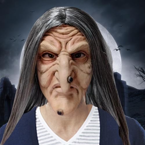 Jorzer Halloween-Hexenmaske, böse, faltige Maske einer alten Dame mit langen Haaren und Hexennase, gruselige Latexmasken mit Belüftungslöchern, Einheitsgröße für Erwachsene, Halloween-Cosplay von Jorzer