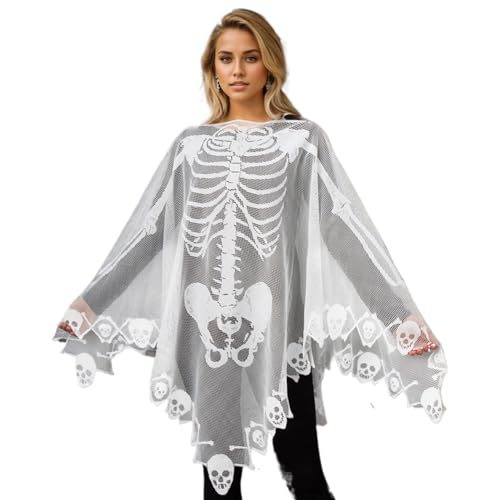 Jorzer Halloween Skeleton Kostüm für Frauen, 57 x 57 Zoll Spitze Skelett Poncho Cape White Sheer Kostüm Poncho Halloween von Jorzer