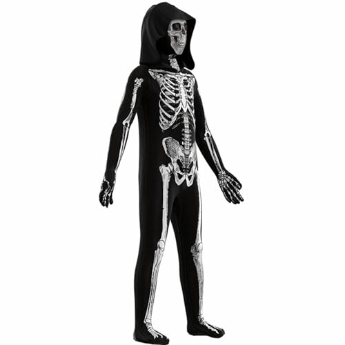 Jorzer Halloween-Skelettkostüm, Skelett-Overall für Kinder, mit Kapuze, langärmelig, Polyester, weicher Totenkopfdruck, gruselige Halloween-Kostüme für 130–140 cm Körpergröße von Jorzer