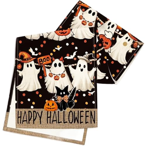 Halloween-Tischdekoration Halloween-Tischläufer 33 x 182 cm -Tischdekoration mit Geister-Jack-O'-Lantern-Schwarzkatzen-Aufdruck wasserfester und hitzebeständiger Tischläufer von Jorzer