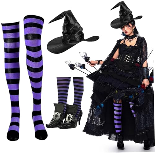 Jorzer Halloween Witch Kostüm 1 Set enthält Schwarze Hexenschuhe, Hut und gestreifte Knie-High-Socken, gruseliges Kostümzubehör für Halloween, Dress-up & Trep Play von Jorzer