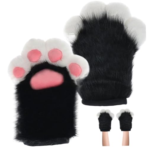 Jorzer Halloween pelzige Pfoten 1 Paar Fauxpelzen Plüschkatze Pfoten Handschuhe Fingerlose Therian Paw süße Pursuit für Halloween Cosplay -Kostümzubehör, Schwarz und Weiß von Jorzer