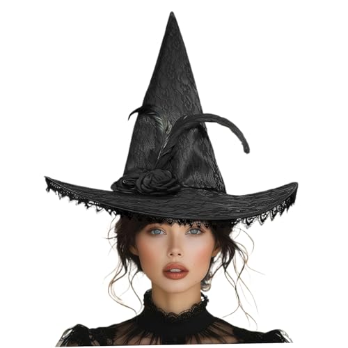 Jorzer Hexenhut, Spitzenzaubererhut mit Blumendekor faltbare schwarze Hexe frei Größe verrückt nach Kostümen, Cosplay, Halloween -Party für Frauen von Jorzer