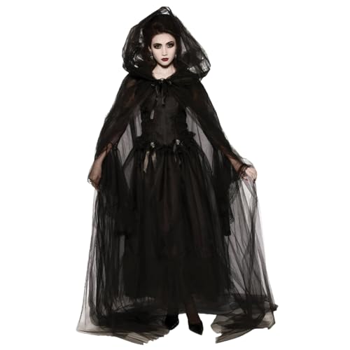 Jorzer Hexenkostüm, Geisterbrautkostüm für Damen, 1 Set, Vintage-Renaissance-Kostüm, bestickt, gruselige schwarze Geisterkostüme für Halloween, Cosplay, Spukhaus, XL von Jorzer