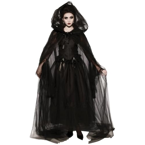 Jorzer Hexenkostüm für Frauen, Vintage Renaissance bestickte Geisterbrautkostüm gruselige Schwarze Ghost 1 Set für Halloween, Cosplay, Haunted Mansion, xxl von Jorzer