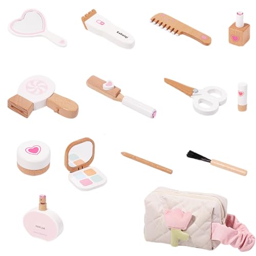 Jorzer Holz Make -up -Spielzeugset tun Make -up -Kit mit Curling -Eisen, Haartrockner, Kamm, Spiegel, Lippenstift, Mascara, Parfüm und mehr pädagogischem Kleinkind -Kit für Mädchen von Jorzer