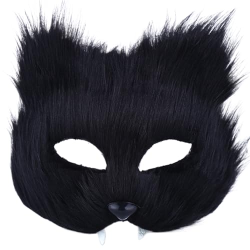 Jorzer Katzenmaske Plüschfuchs Maske Künstliche realistische Therian Masken halbe Gesicht lang schwarze Tiermasken für Maskerade, Halloween, Dress Up, Cosplay von Jorzer