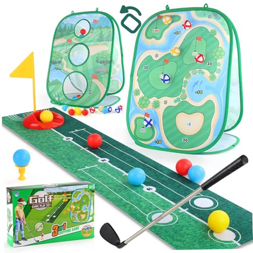 Jorzer Kleinkindgolf-Set mit Club, 3 in 1 Kids Golf Set Puting Übung Matte, 3-seitiges Chipping-Netz, Kleinkindspiele für Geburtstagsgeschenke Innen im Freien von Jorzer