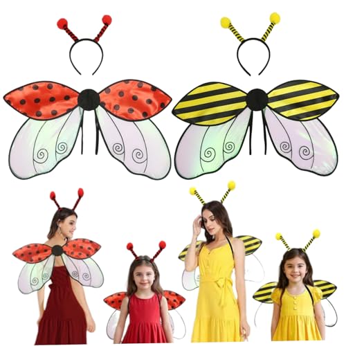 Jorzer Ladybug Kostüm & Bienenkostüm, 2 Sets Cosplay -Requisiten mit Insektenflügel & Stirnband Polyester Ladybug für Mädchen Halloween Kostüme, Bühnenperformance, Geburtstagsgeschenke von Jorzer