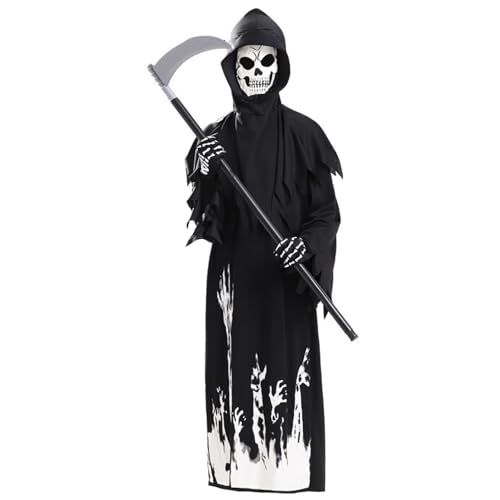 Jorzer Sensenmann-Kostüm, leuchtende, gruselige Halloween-Kostüme mit Handschuhen und Sichel, Maskerade-Cosplay-Outfits für Erwachsene, Frauen und Männer von Jorzer