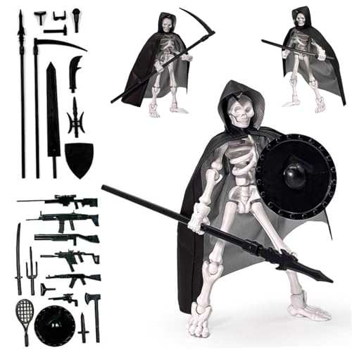 Jorzer Skelett-Actionfigur, bewegliches Skelettspielzeug mit Mehreren Gelenken, Kapuzenumhang und Waffen, Actionfigur aus Kunststoff für Sammler, Schreibtischdekorationen, Dekor … von Jorzer