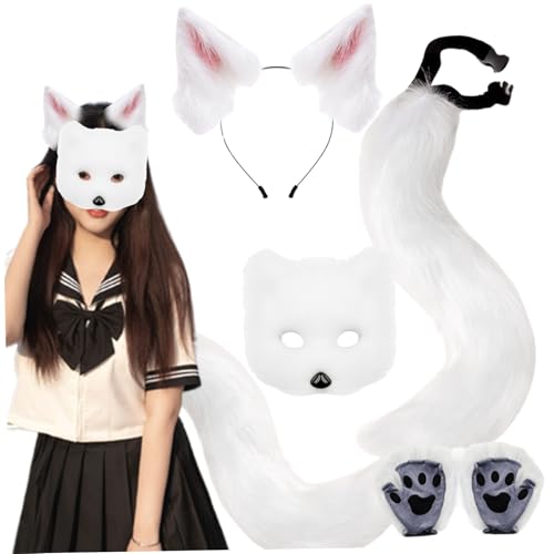 Jorzer Therian Ausrüstung für Erwachsene, Fox -Kostüm -Set realistische Plüsch -Fuchs -Ohren und Schwanztherianpfoten und Maske für Kinder Rollenspiel Masquerade Cosplay Party, Weiß von Jorzer