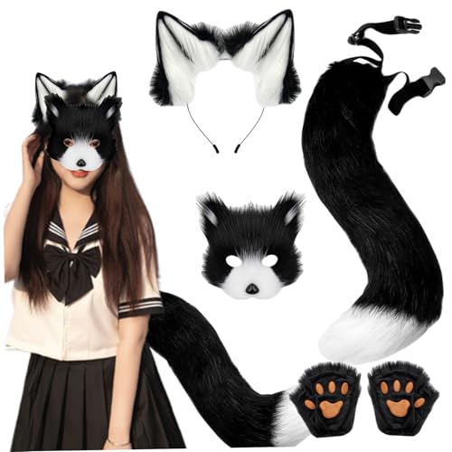 Jorzer Therian Gear Fox Kostüm Set Faux Fuchs Ohren und Schwanztherianische Pfoten und Maske für Erwachsene Kinder Rollenspielparty, Weiß Schwarz Jorzer Therian Gear Fox Kostüm Set Faux Fuchs Ohren und Schwanztherianische Pfoten und Maske für Erwachsene Kinder Rollenspielparty, Weiß Schwarz von Jorzer
