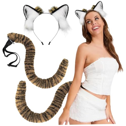 Jorzer Tigerkostüm, Ohrstirnband und Schwanzset, Simulation weiche pelzige Ohren, biegsamer Kunstschwanz mit verstellbarem Riemenkostüm für Halloween Cosplay Party Accessoires Style22 Jorzer Tigerkostüm, Ohrstirnband und Schwanzset, Simulation weiche pelzige Ohren, biegsamer Kunstschwanz mit verstellbarem Riemenkostüm für Halloween Cosplay Party Accessoires Style22 von Jorzer