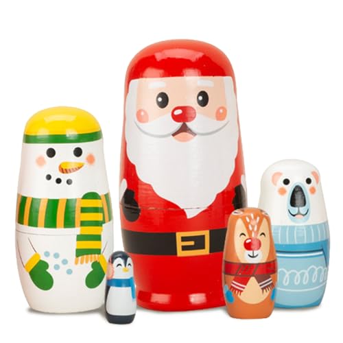 Jorzer Weihnachtsnistpuppen, 5pcs Holz russische Nistpuppen, süßer Schneemann Santa Claus Elk Russische Puppe, Spielzeug für Kinder Urlaubs Geburtstag Geschenk von Jorzer