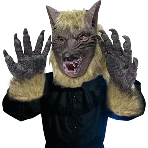 Jorzer Werwolfmaske, Halloween-Werwolfkostüm, realistische Wolfsmaske und 1 Paar Pfotenhandschuhe, weich und hautfreundlich, gruselige Masken mit belüfteten Löchern für Halloween-Partys von Jorzer