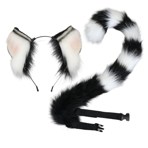 Katzenohren und Schwanz, pelzige elastische Katzenohren Stirnband und schwarzer weißer Schwanz mit verstellbarem Gürtel für Cosplay Party Halloween Kostüm Katzenohren und Schwanz, pelzige elastische Katzenohren Stirnband und schwarzer weißer Schwanz mit verstellbarem Gürtel für Cosplay Party Halloween Kostüm von Jorzer