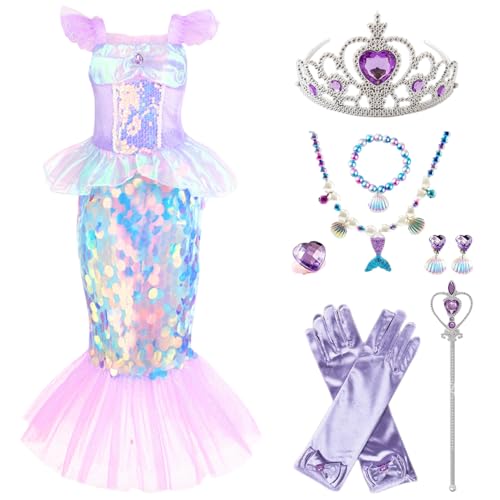 Meerjungfrauenkostüm für Kinder, Meerjungfrauen-Outfit für Mädchen mit Kleid, Schwanz, Krone, Stock, Halskette, Handschuhen, Armband und mehr, Kostüm für Halloween-Party, Verkleidung, Cosplay, M von Jorzer