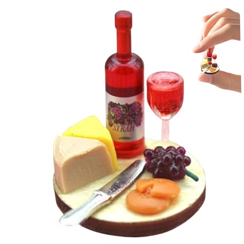 Mini Dollhouse Accessoires, 0, 9x1 '' Holz und Harz Miniatur Küchensets mit Teller, Wein, Weinbechern, Trauben und Käsekuchen DIY Miniatur Küchenset Geschenkpuppenhouse -Enthusiasten von Jorzer