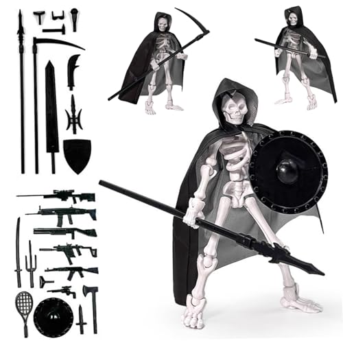 Skelett-Action-Figur, mehrsprachige bewegliche Skelettspielzeug mit Kapuzenkap und Waffen, Plastik-Action-Figur für Sammler Desktop-Dekorationen von Jorzer
