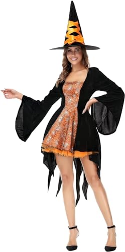 Josamogre Hexenkostüm erwachsene Hexen kostüm lang edel mit Hut Damen Hexenkleid Fasching Halloween Fasching Orange xl von Josamogre