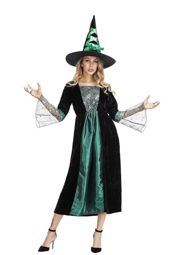 Josamogre Hexenkostüm erwachsene Hexen kostüm lang edel mit Hut Damen Hexenkleid Fasching Halloween Cosplay Grün L von Josamogre
