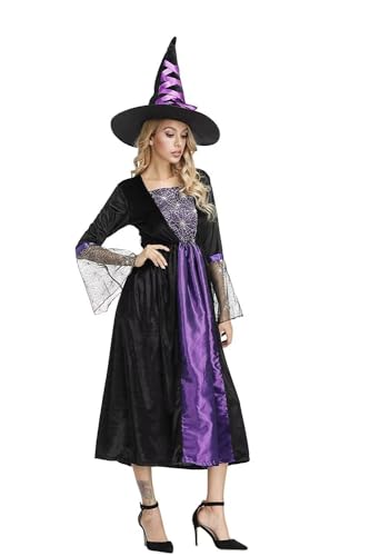 Josamogre Hexenkostüm erwachsene Hexen kostüm lang edel mit Hut Damen Hexenkleid Fasching Halloween Cosplay Lila 2XL von Josamogre