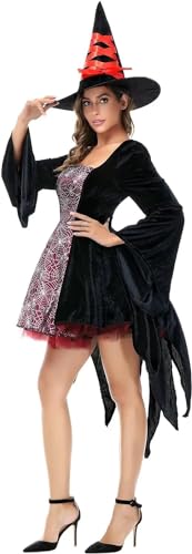 Josamogre Hexenkostüm erwachsene Hexen kostüm lang edel mit Hut Damen Hexenkleid Fasching Halloween Fasching Weinrot M von Josamogre