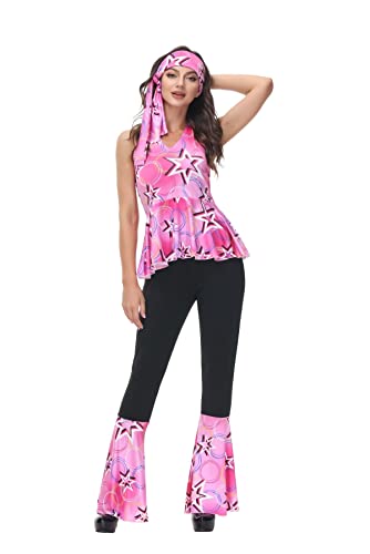 Josamogre Hippie Kleidung Kostüm 70er Jahre Bekleidung Damen Disco Outfit Top und Schlaghose Set 70s 80s 90s Plus Size Halloween Erwachsene Pink 3XL von Josamogre