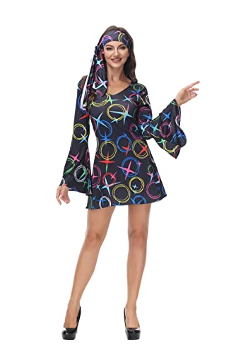 Josamogre Hippie Kostüme Damen 70er Jahre Kleid Disco Outfit 60s 80er Karneval Fancy Dress Women Halloween Costumes Clothing Schwarz S von Josamogre