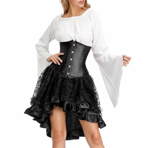 Josamogre Korsett Underbust Kleid Set 3 Pcs Corset Dress Damen Korsagenkleid Corsage Kostüm mit Spitzenrock und Bluse für Karneval Pirate Piratenkleid Schwarz XL von Josamogre