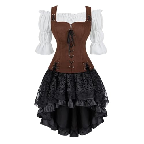 Josamogre Mittelalter Kleid Damen Bluse Rock Weste 3 Set Kleidung Renaissance Pirate Kostüm Gothic Mantel Viktorianisch Cosplay Top Halloween Kaffee S von Josamogre