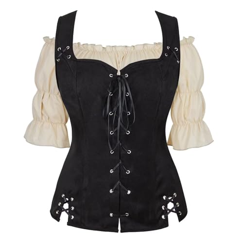 Josamogre Renaissance Weste mit Bluse Set Korsett Damen Pirat Mittelalter Kleidung Kostüm Gothic Mantel Steampunk Cosplay Top Halloween Schwarz S von Josamogre