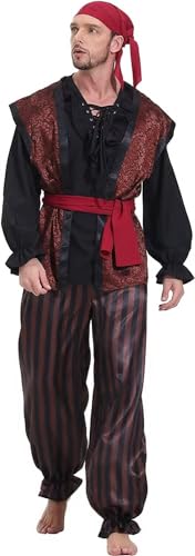 piraten kostüm herren piratenkostüm kopftuch oberteil 5 Set hose gürtel weste wikinger karneval halloween Cosplay braun 2XL von Josamogre