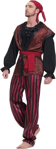 piraten kostüm herren piratenkostüm kopftuch oberteil 5 Set hose gürtel weste wikinger karneval halloween Cosplay braun L von Josamogre