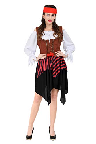 piraten kostüm pirat damen piratenkostüm frauen sexy wikinger karneval kopftuch oberteil Röcke gürtel weste halloween rot 2XL von Josamogre