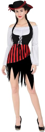 piratenkostüm piraten kostüm pirat damen frauen sexy wikinger karneval kopftuch oberteil Röcke gürtel weste halloween Rot 3XL von Josamogre