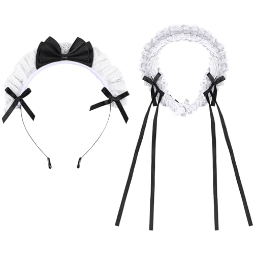 Josojoou 2 Stück Lolita Stirnband Spitze Schwarz Haarband Frauen Dienstmädchen Anime Cosplay Kopfbedeckung Mit Schleife Mode Stirnbänder Haarschmuck Für Damen Mädchen Cosplay Kostüm Party Teepartys von Josojoou