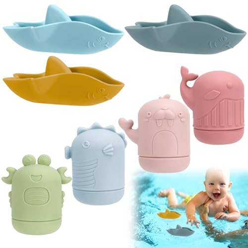 7 Stück Baby Badewannenspielzeug, Badespielzeug Kinder Silikon Wasserspielzeug Spielsachen für Badewanne Spritztiere Bath Toys für Babys Kleinkinder von Jostift