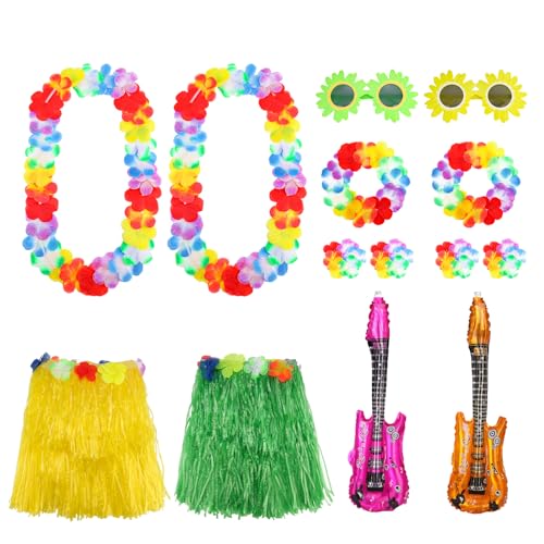 Hawaii Kostüm Damen Set,14in1 Hawaii Rock Outfit Damen Hawaii Party Kostüm für Beachparty Deko-Hawaiian Hula Grass Rock Set,Hawaii Kette Blumen,Blumen Sonnenbrille,Aufblasbare Gitarre-Grun von Jostift