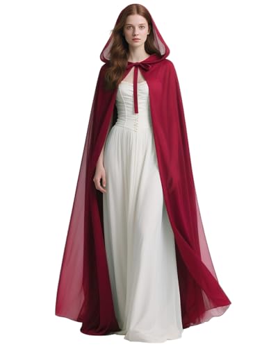Joukavor Chiffon-Umhang mit Kapuze, Mittelalter-Renaissance, Fantasieumhang für Damen, Burgunder, Einheitsgröße Joukavor Chiffon-Umhang mit Kapuze, Mittelalter-Renaissance, Fantasieumhang für Damen, Burgunder, Einheitsgröße von Joukavor