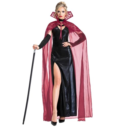 Joukavor Gothic Lang Schwarz Tüll Vampir Umhang mit Stehkragen Spitze Kragen für Frauen, Rot/Ausflug, einfarbig (Getaway Solids), Einheitsgröße von Joukavor